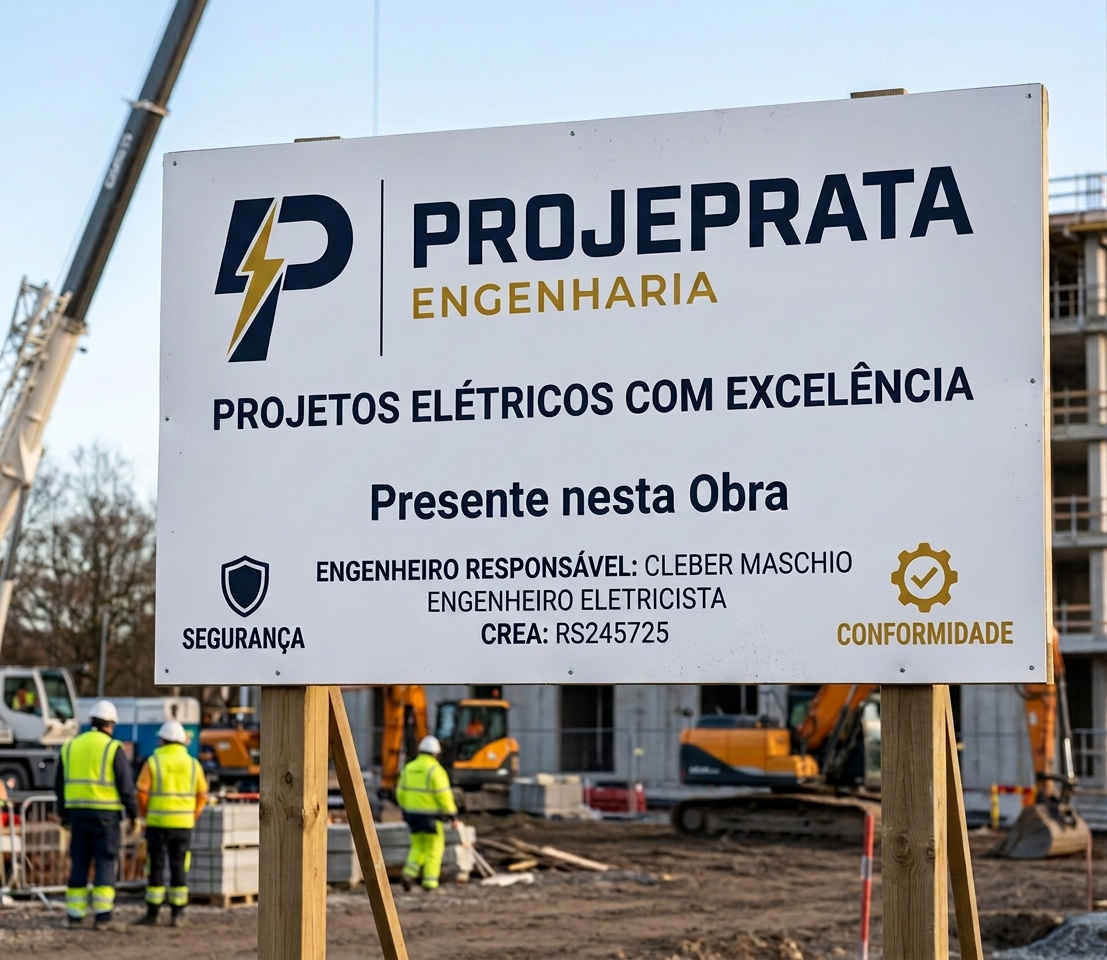 Placa de obra Projeprata Engenharia — Projetos elétricos com excelência, presente nesta obra